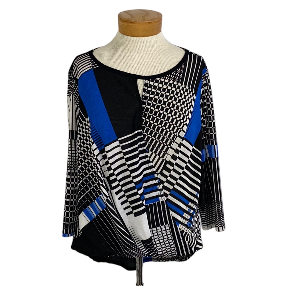 Chenault Geometric Kimono Blouse Size Small Keyhole Black White Long Sleeve